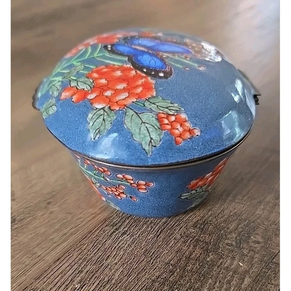 VTG Enameled Granite Ware Butterfly/Floral Brass Hinged Trinket Dish
